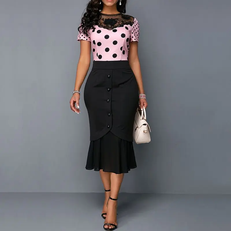 

Summer Office Ladies Vintage Plus Size Party Sweet Pink Women Midi Dresses Mermaid Polka Dots Embroidery Lace African Chic Dress