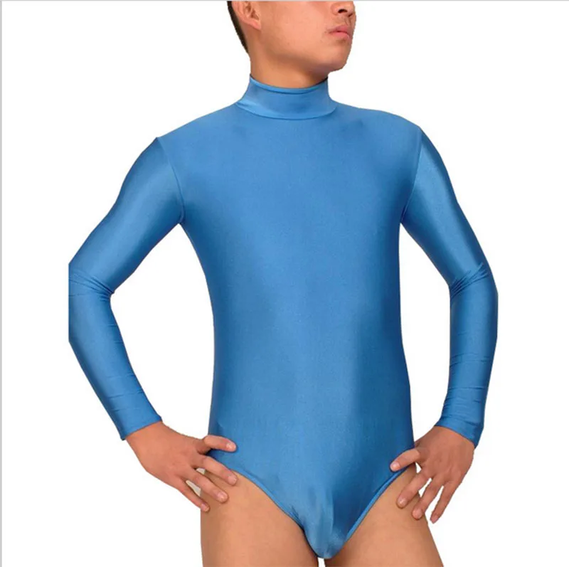 Adult Spandex Lycra Mock Neck Leotard Mens Long Sleeve Short Unitard Bodysuit Dance Costumes Men Zipper Back Body Suit Dancewear -