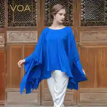 VOA Новое поступление, летняя синяя шелковая Футболка с оборками, модная, размера плюс 5XL, свободная, повседневная, рукав летучая мышь, женские топы, BZT00201