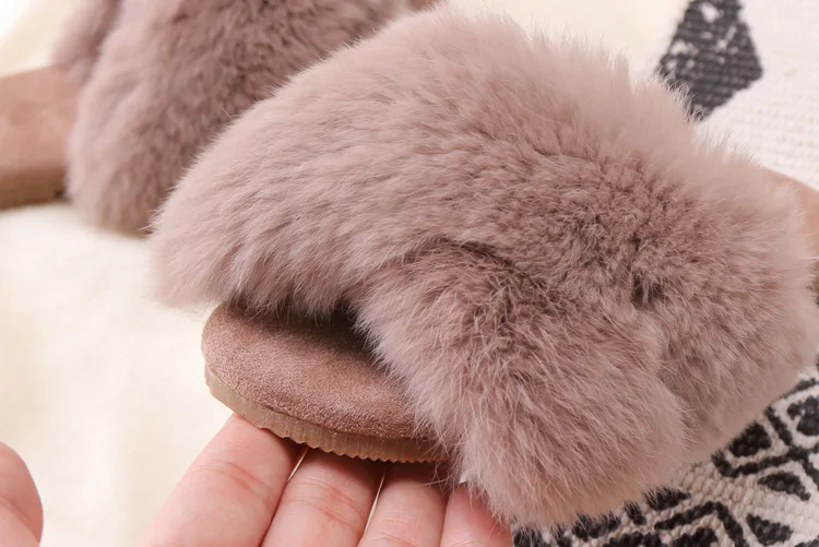 New Spring Plush Slippers Girls Slippers Real Rabbit Fur Shoes Open Toe Slippers All-match Childrens Shoes Summer Home Slippers