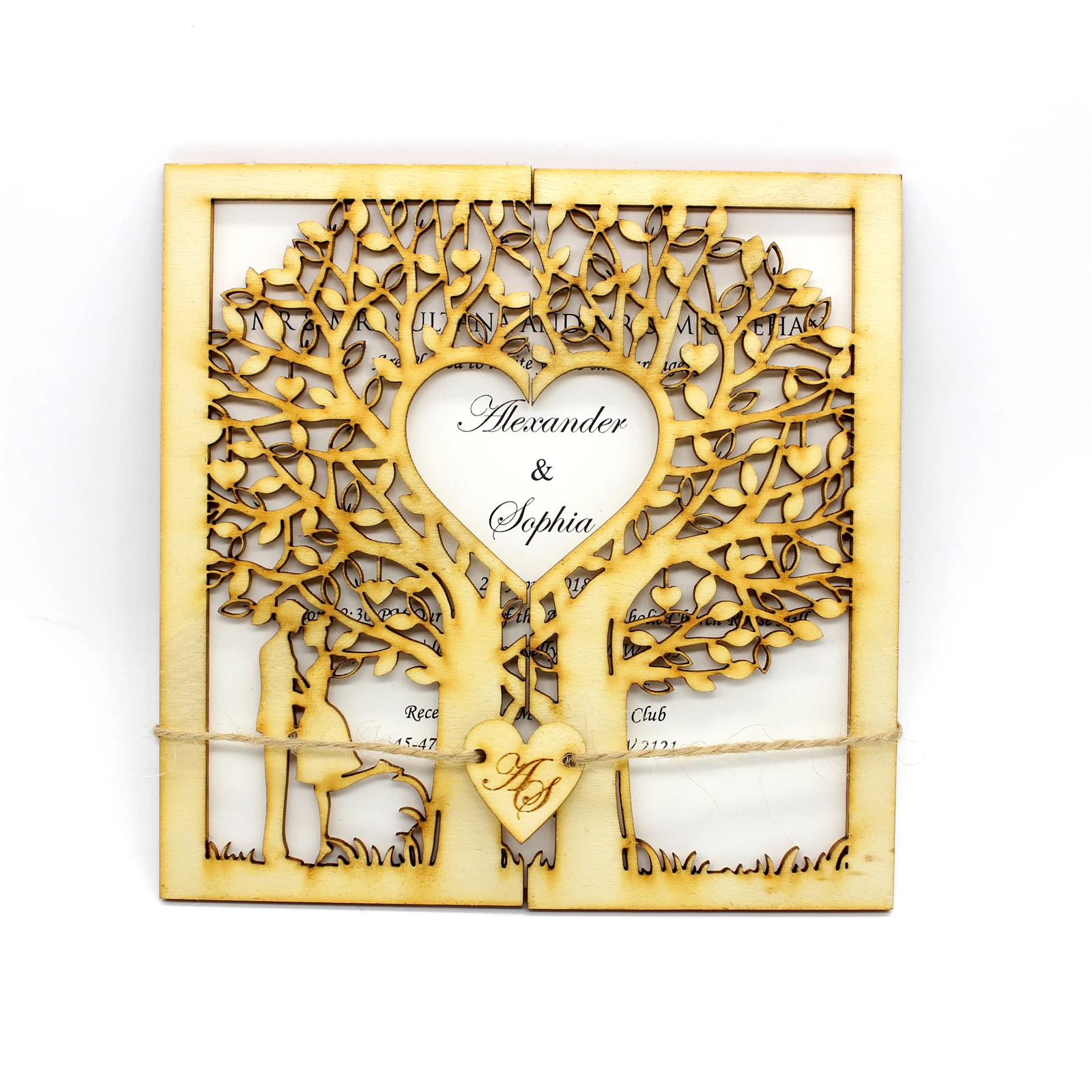 Деревенское Свадебное приглашение, деревянное приглашение, бумажное приглашение, вырезанное дерево, дерево жизни, гравированное сердце, монограмма