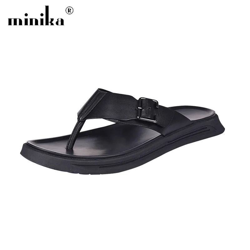 

MINIKA Genuine Leather Flip Flops Fashion Slippers Men Shoes Comfortable Flat Non-slip Rubber Summer Slides Men Beach Slippers