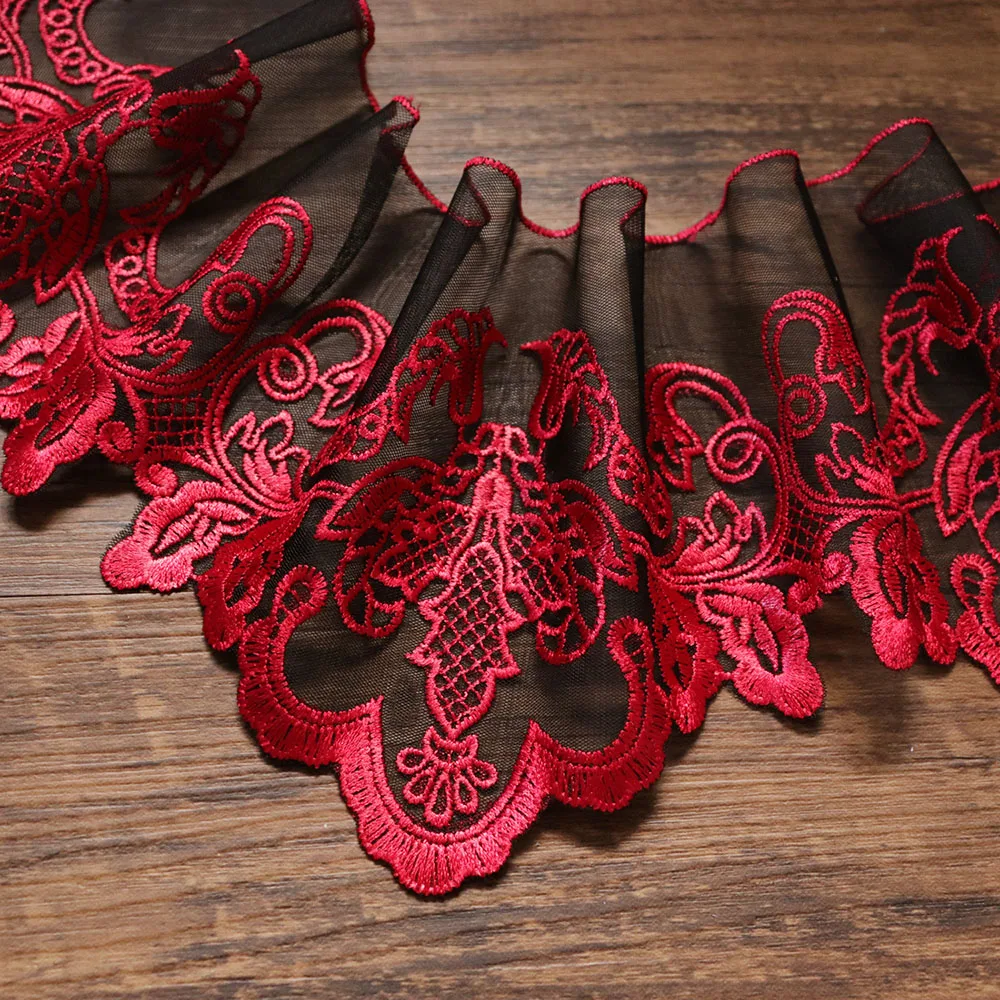 

1Meter 12.5cm wide Embroidered Lace Trim Black Tulle Clothes Accessories Guipure Red Flower Lace Trimmings Sewing Lace Appliques