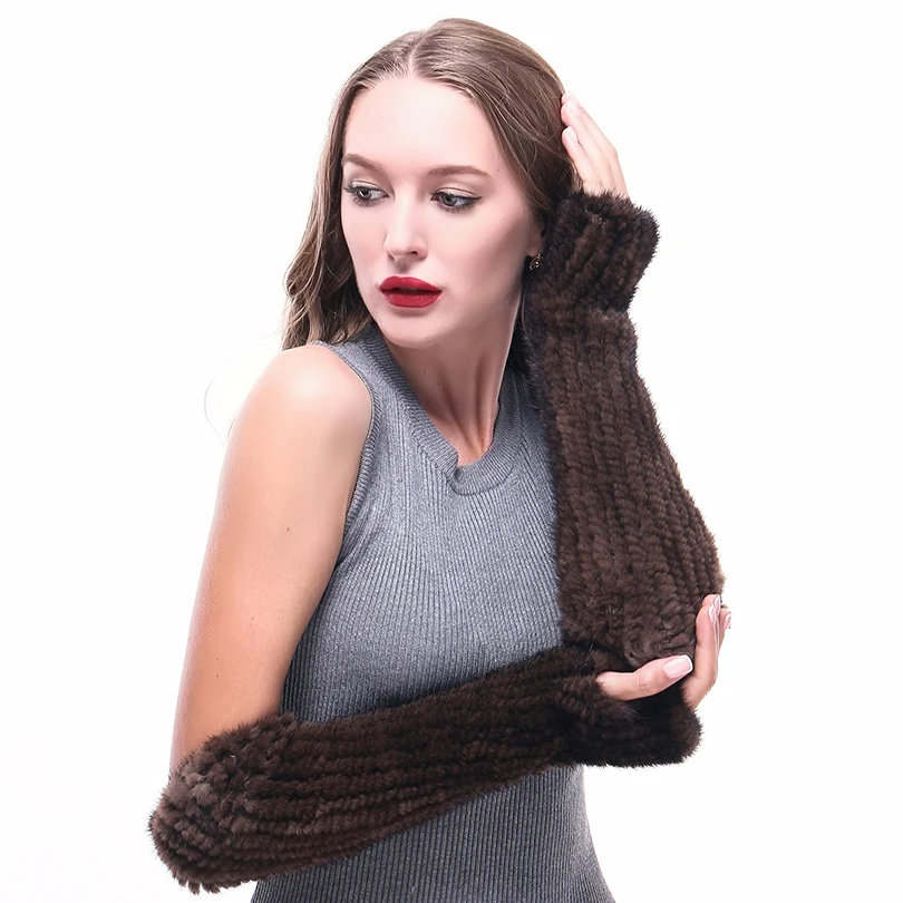 

LINLAXUEDA Women Real Mink Fur knitted Gloves 100% genuine Fur Mittens Real Mink Fur Long Glove Fashion Dark Brown Glove Lady