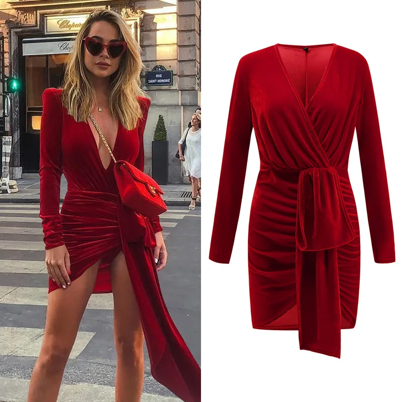 

Vintage Elegant Red Black Velvet Dress for Women Sexy Split Sashes Draped Long Cocktail Party Gown Dresses Winter Mini Vestidos