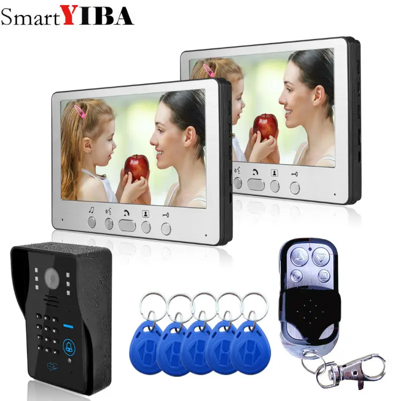 SmartYIBA 7\ LCD Screen two Monitor Video Intercom Door bell Phone System RFID Code Keypad Unlock Outdoor Camera