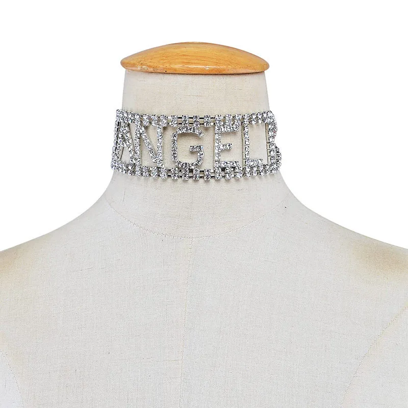Ожерелье-чокер в стиле панк, стразы, БУКВЕННОЕ ожерелье для женщин, роскошные ювелирные изделия с кристаллами, чокер, ожерелье в стиле Харадзюку, подарок - Окраска металла: angel-sliver