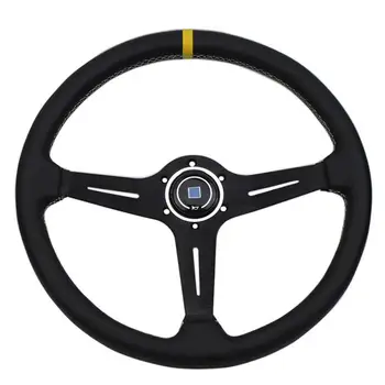 

Sport Steering Wheel 370mm 15inch Leather Black Spoke Yellow Line White Stitching Flat ND Racing Steering Wheel