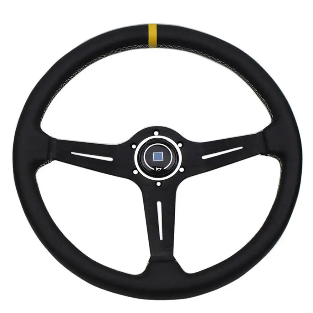 Sport Steering Wheel 380mm 15inch Leather Black Spoke Yellow Line White