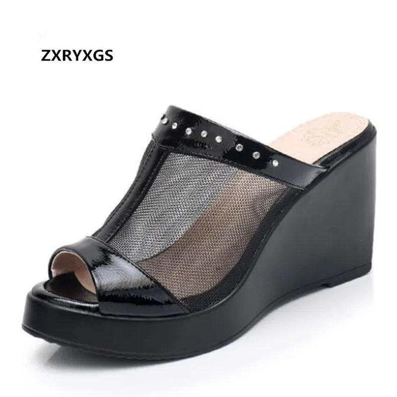 

ZXRYXGS Brand Shoes Cowhide Mesh Rhinestone Women Sandals Fashion Slippers 2019 New Summer Platform Shoes Woman Wedges Sandals