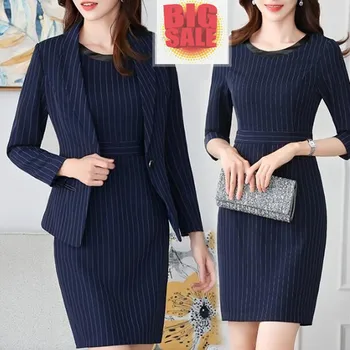 

2020 Women Striped Office Lady Dress Suits Two Piece Sets Elegant Work Business Jacket Blazer Stylish Dress Femme Plus Size 4XL