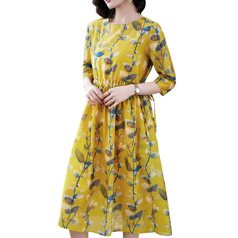 

Women Yellow Summer Maxi Dress Elegant 2019 New Dress Casual Fashion Round Neck Print Ladies Dresses Plus Size Vestidos HJ299