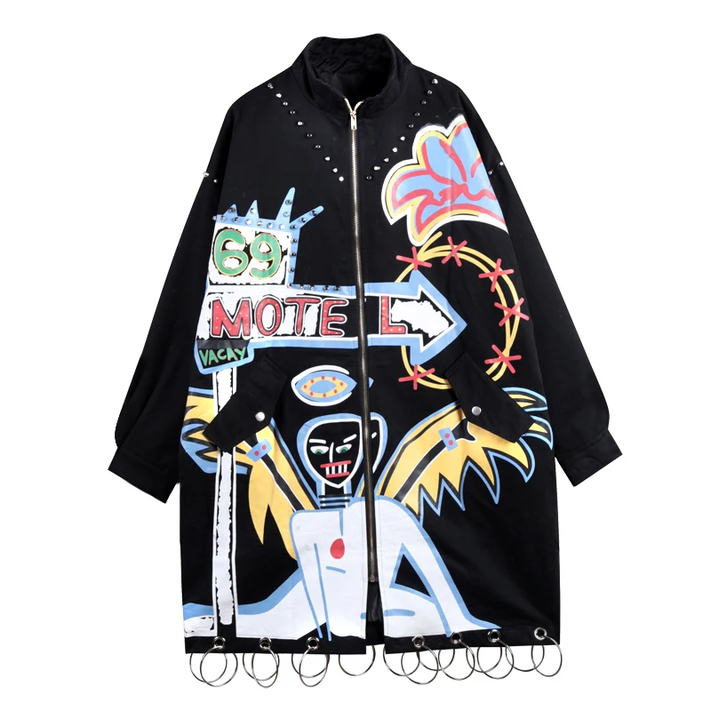 2017 Fashion Brand Graffiti Rivets Women Long Jacket Coat Punk Style Plus Size Women Bomber Jacket Coat Oversize Long Coat