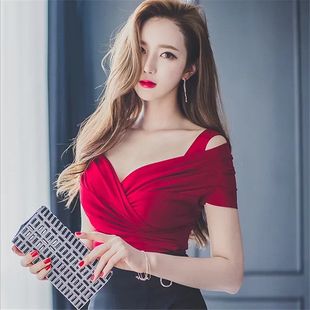 Women Solid Sexy Off Shoulder V Neck Slim Tees T Shirts Female Teenage Girls Women Solid Sexy Off Shoulder V Neck Slim Tees T Shirts Female Teenage Girls