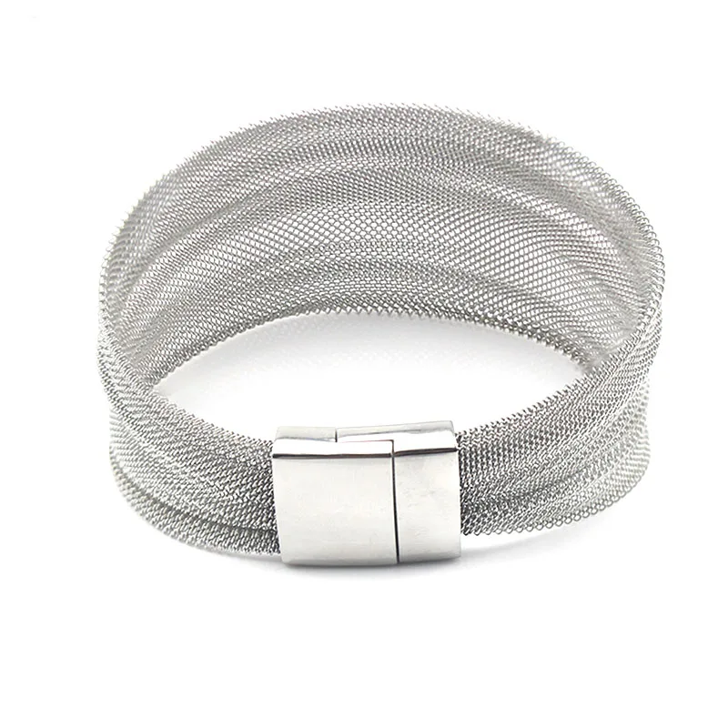 Stainless Steel Magnetic Clasp Wide Mesh Bracelet Silver Color for Women 1 Piece Jewelry Accessory 2