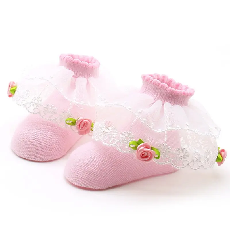 Милые детские красивые шифоновые кружевные носки с цветочным узором; мягкие теплые носки для малышей - Цвет: Pink