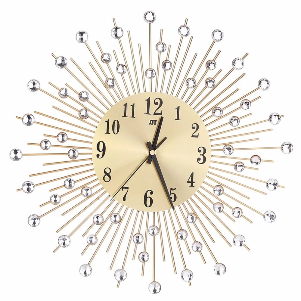 Modern Art Large Wall Clock Metal Sunburst Clear Diamante Crystal Mute