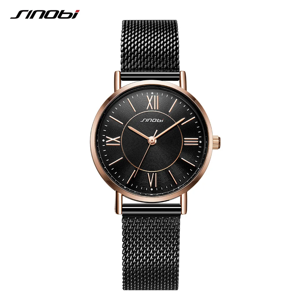 SINOBI, простые женские наручные часы, золотой ремешок для часов, топ, роскошный бренд, девушка, вид, кристалл, кварцевые часы, женские наручные часы, reloj mujer - Цвет: Black