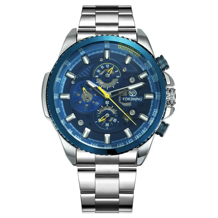 SILVER BLUE FORSINING Топ бренд Роскошные автоматические механические часы для мужчин хронограф 3 суб-циферблат Дата Мода Стальной ремешок relogio masculino - Цвет: SILVER BLUE