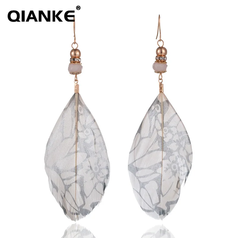 QIANKE Bohemian Big Feather Drop Earrings for Women Statement Ethnic Boho Long Dangle Fashion Jewelry Gift Wholesale |