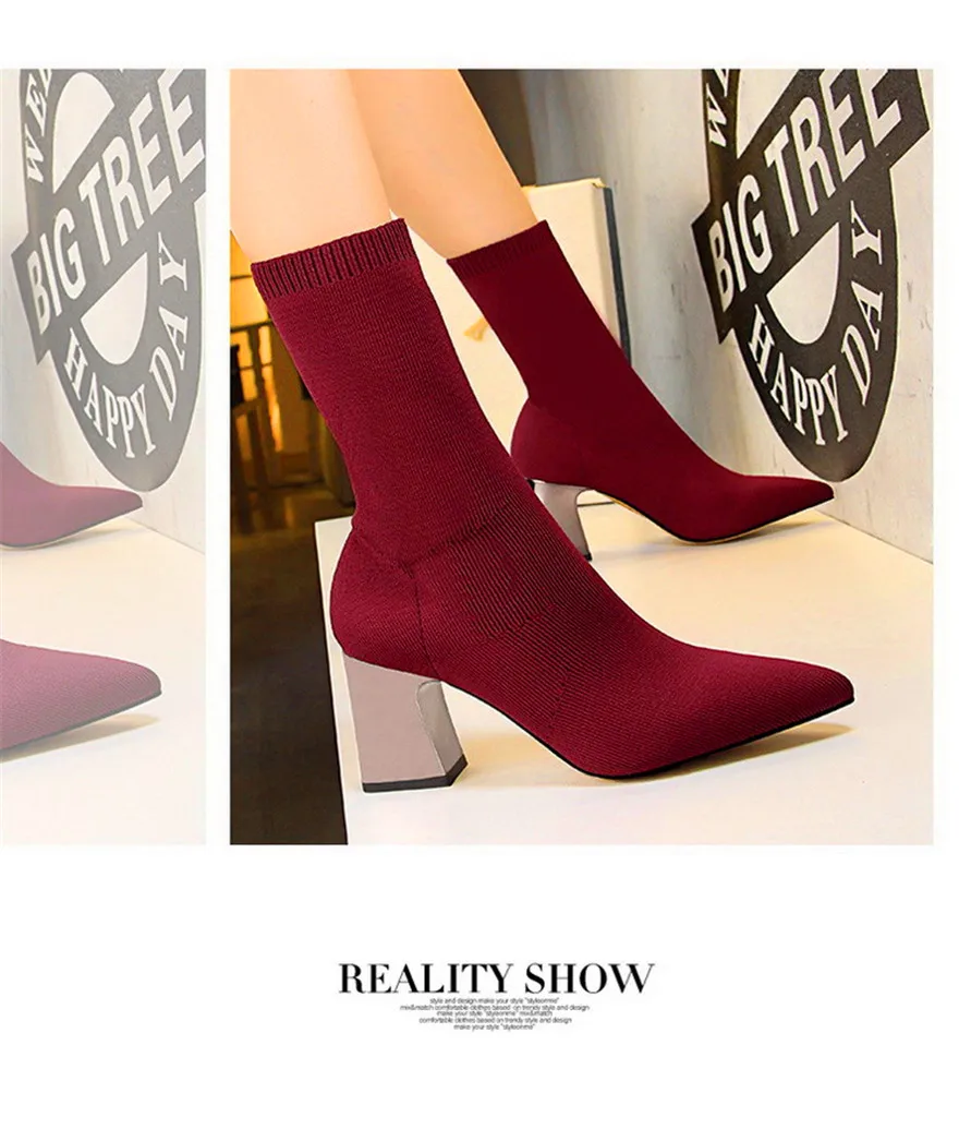 2 стиля, женские короткие ботинки с острым носком новые модные однотонные ботинки с вязаным металлическим квадратным каблуком 7 см Женская обувь на высоком каблуке 4 цвета