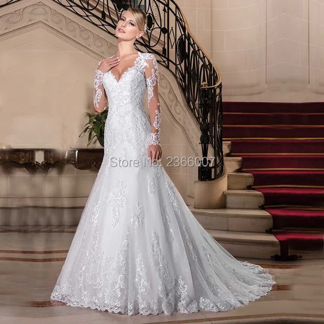 Vestido De Noiva Princesa одежда с длинным рукавом Свадебные платья Русалочки 2018 аппликационные Жемчужины для Кружева Свадебные платья на заказ Made