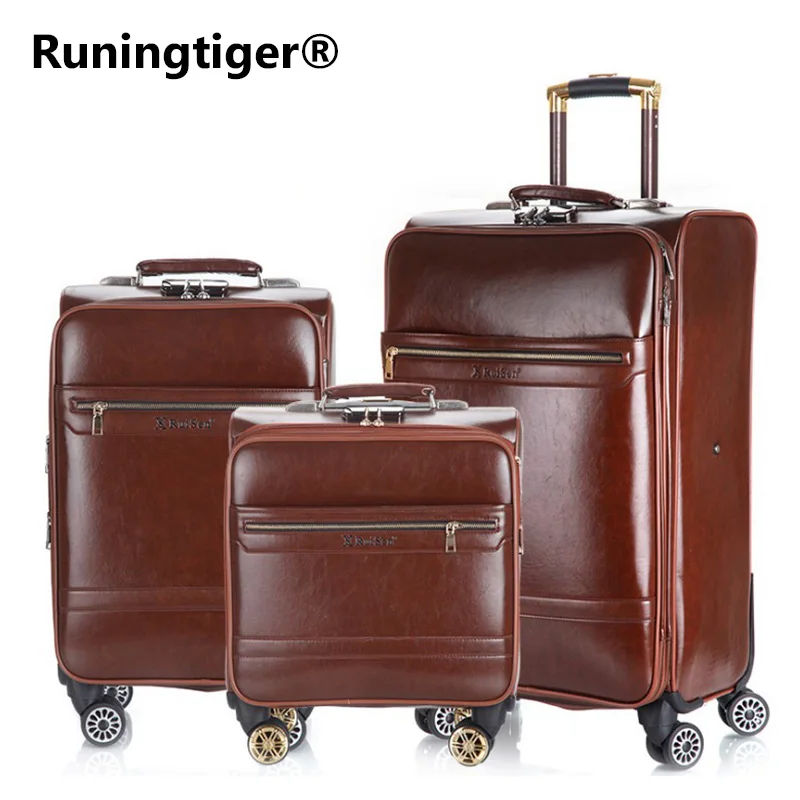 

Men's and women's travel luggage Waterproof PU suitcase 16" 20" 24" Leather Travel Case Pulley Cart Vintage Rolling Suitcase