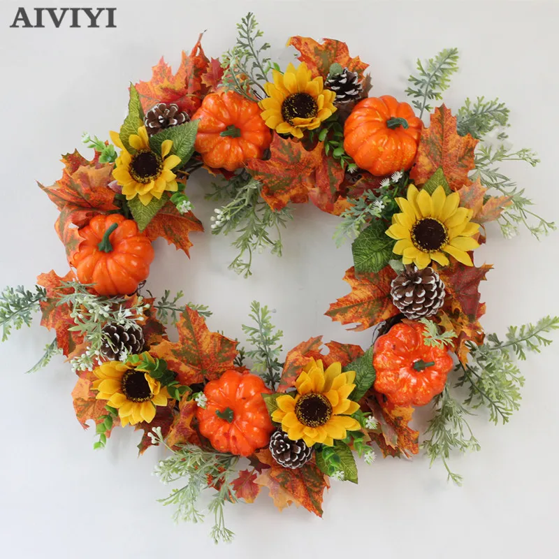 

Foreign trade excellent products Halloween artificial wreath pumpkin sunflower pine vine wreath family window DIY decoration