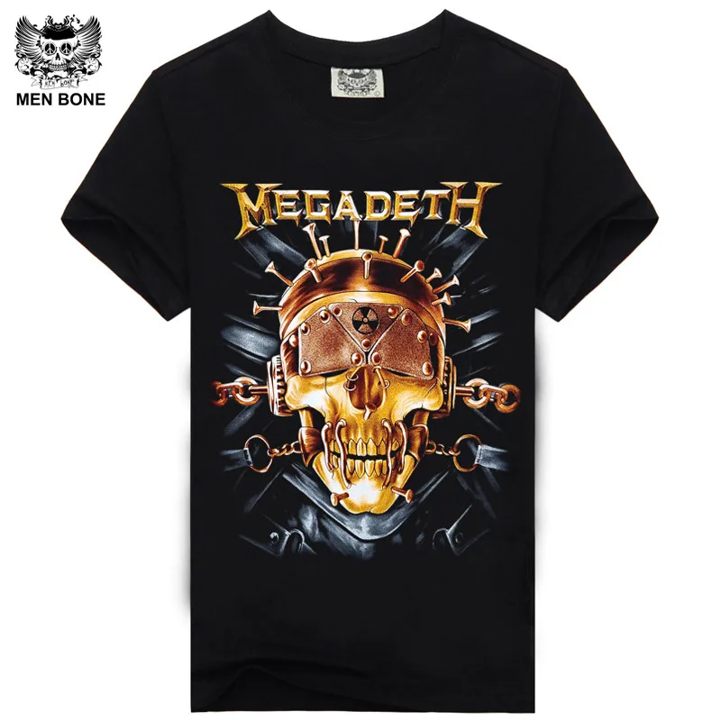 

[Men bone] Men T Shirt Black T-Shirt Tshirt Men's Shirt Cotton Megadeth Skull Print Heavy Metal Hip Hop Rock Summer Style Tee