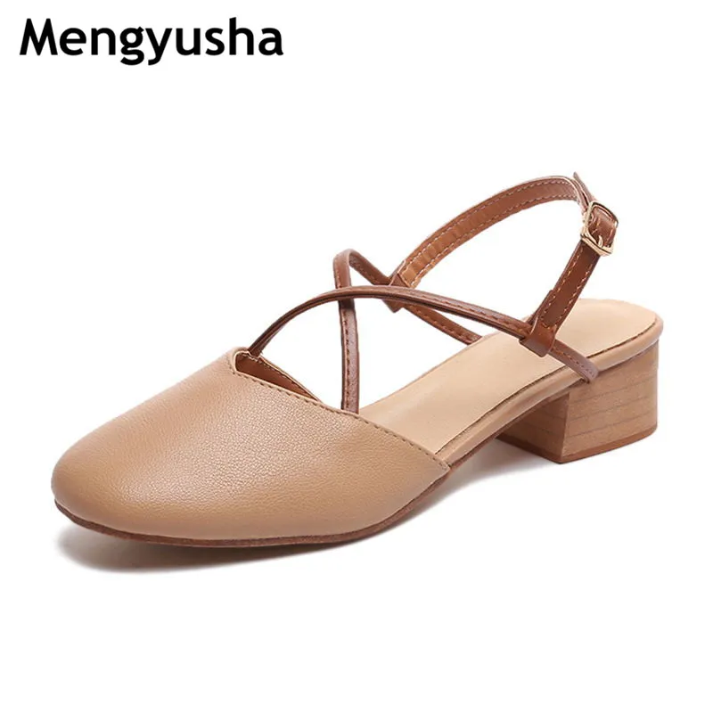 

2018 summer new style grandma shoes with retro square head cross female shoes baotou shoes female summer thick with high heels