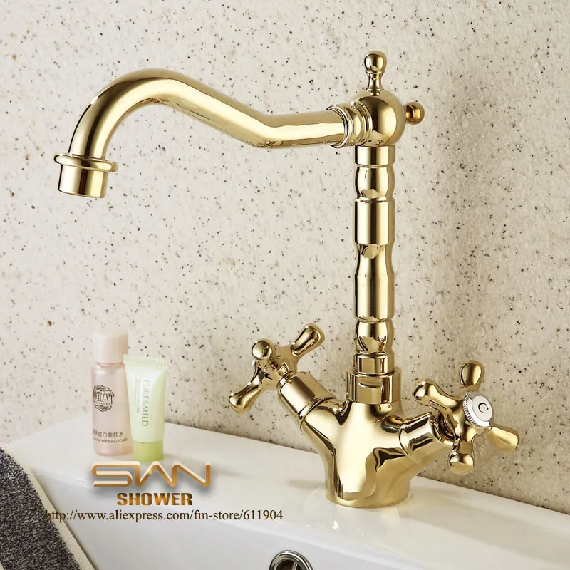Gold Color 9" Bathroom Faucet Lavatory Vessel Basin Faucets Mixer Taps Dual Cross Handle Swivel