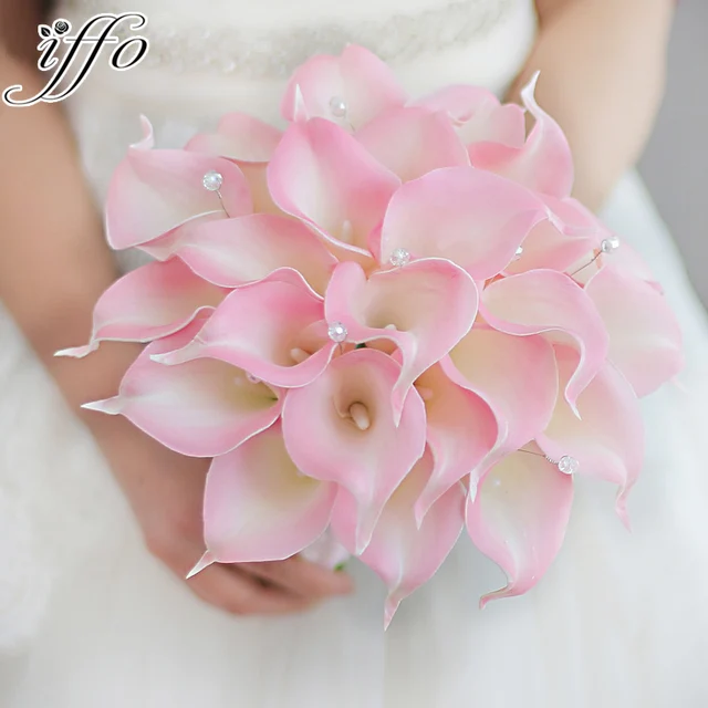 Iffo Creative Bride Holding Flowers Custom Simulation Pink Calla Iffo Creative Bride Holding Flowers Custom Simulation Pink Calla Lily Wedding Bouquet Simple Bridesmaids Bridal