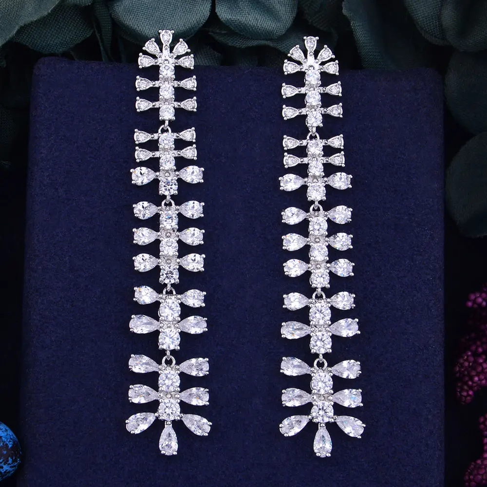 

GODKI 73mm Elegant Leaf Design Full Cubic Zirconia CZ Engagement Wedding Party Nightclub Silver Statment Earring Stud