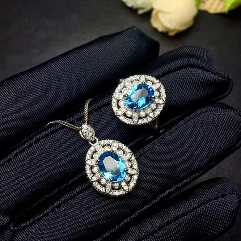 

MeiBaPJ 925 Pure Silver Jewelry Set Natural Sky Blue Topaz Necklace and Ring Fine Party Jewelry for Women