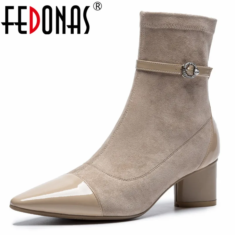 

FEDONAS Elegant Women High Heels Ankle Boots Sexy Buckles Brand Socks Boots Genuine Leather Party Shoes Woman Office Pumps