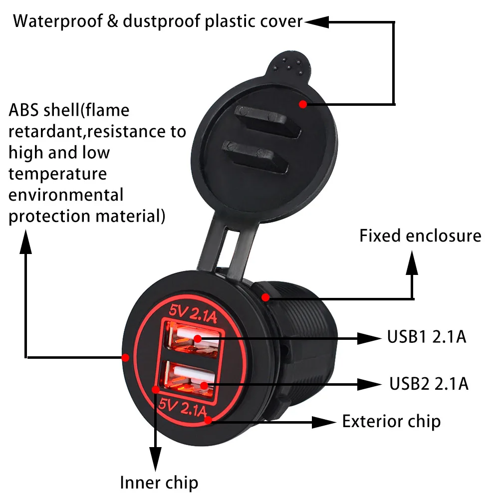 Aoshike, автомобильное зарядное устройство с двумя USB, прикуриватель, фокусировка, караван, мотоциклетная лодка, разъемы для автомобилей, розетки, кабели с вилкой питания