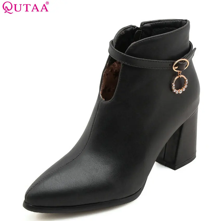 

QUTAA 2019 Women Ankle Boots Fashion Women Shoes Platform Zipper Pointed Toe Elegant Pu Leather Women Boots Big Size 34-43