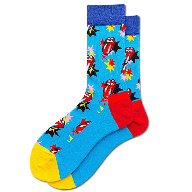 PEONFLY, забавные носки с принтом в виде рта и языка, мужские Разноцветные полосатые Повседневные носки в стиле Харадзюку, носки в стиле хип-хоп для скейтборда - Цвет: with blue background