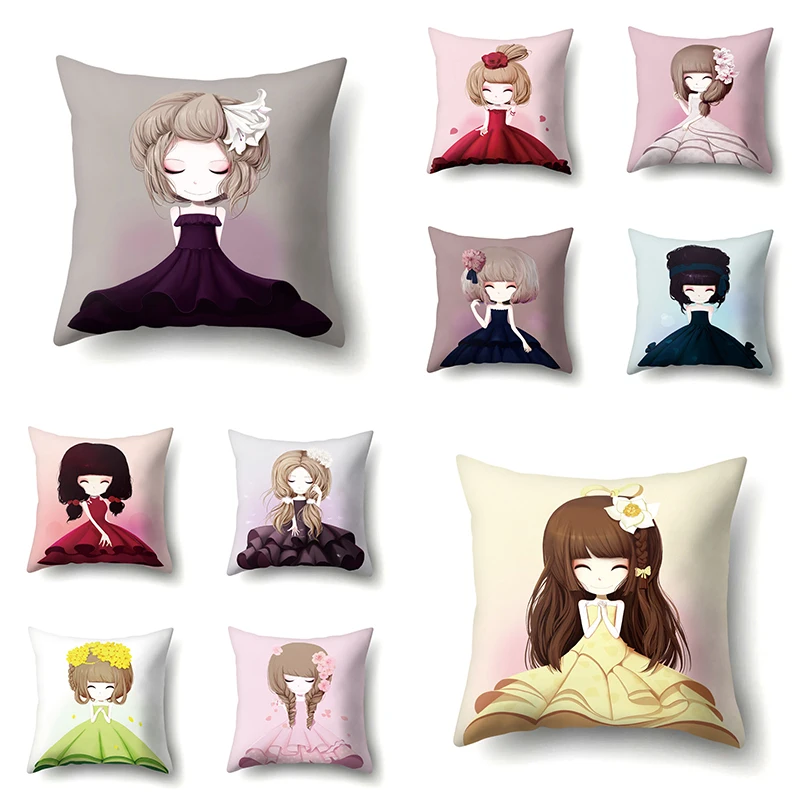 

Lovely Cartoon Girls Printed Beauty Elegant Girl Cushion Cover 45*45cm Polyester Pillowcases Throw Pillow Covers Farmhouse Decor