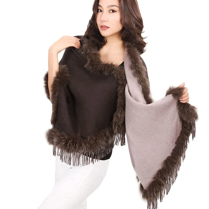 Натуральным лисьим меховая отделка шарф женский Дамы Зимняя Осень-весна обертывания 100% из чистого кашемира двойной цвет S17