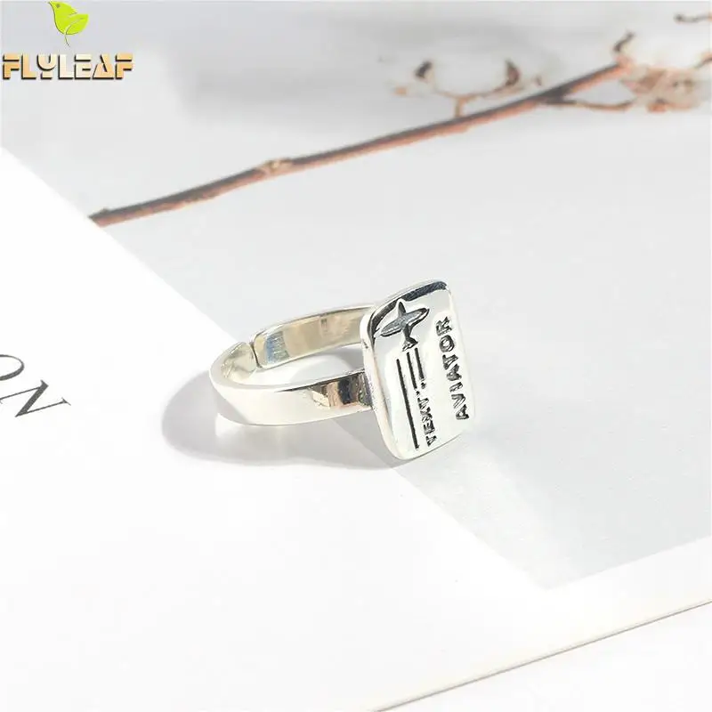 

Flyleaf Geometric Rectangular Plane Letter Real 925 Sterling Silver Rings For Women High Quality Fine Jewelry Open Ring Vintage