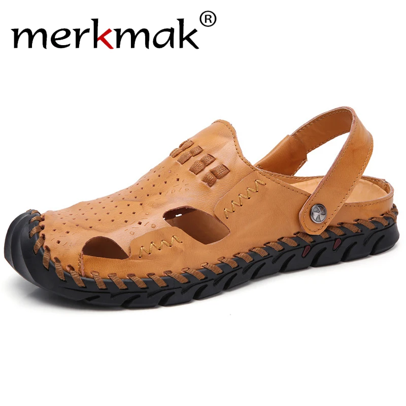 

Merkmak 2019 New Men Sandals Summer Genuine Leather Outdoor Casual Beach Shoes Anti-shock Footwear Breathable Sandals Big Size