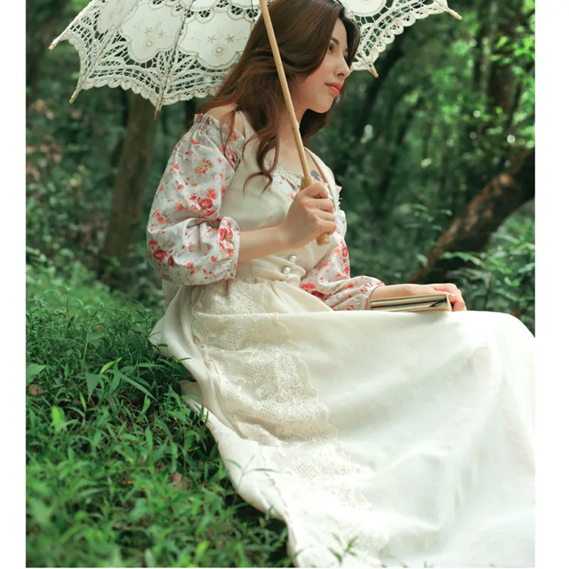 

Women Spring Autumn Vintage Elegant Slim Long Dress Ladies Retro Sweet Lolita Lace Cotton Linen Patchwork Twinset Floral Dresses