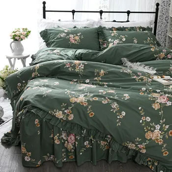 

Free shipping pastoral style 100%cotton princess ruffles bedding set twin full queen king size floral dark green bed skirt YYX