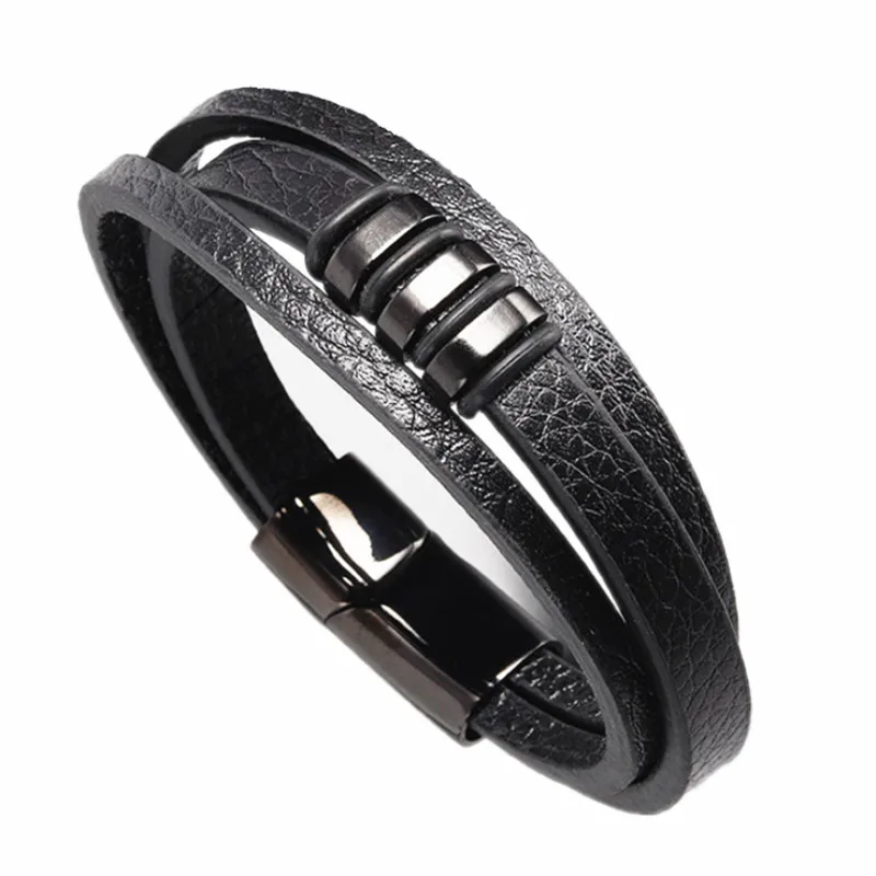 

Fashion New Design Stainless Steel Buckle Charm Bracelet Multi-layer Black Genuine Leather Bracelet Men Jewelry Brand Hot Sale