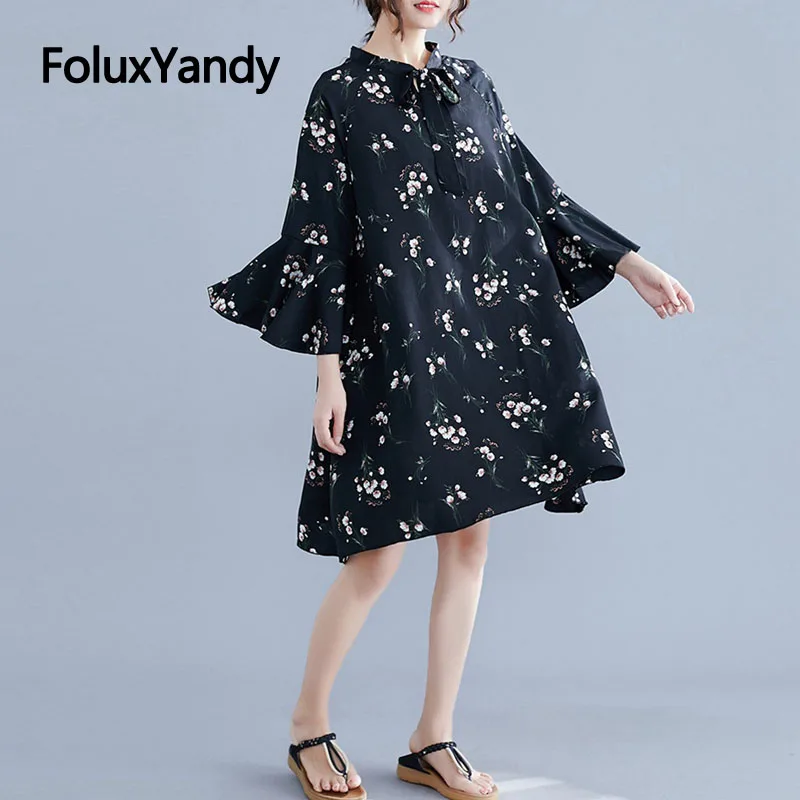 

Butterfly Sleeve Dress Women Black Vestidos Lace Up Tie Casual Floral A-line Summer Chiffon Dress Plus Size NQYL106