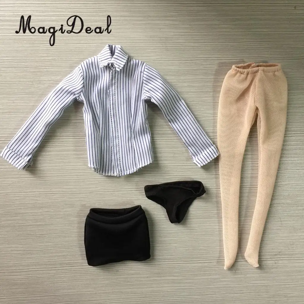 Fashion 1:6 Striped Shirt Mini Skirt Dress Stockings Underwear Business Set for 12 Inch Female Action Figures Body Dolls Acc