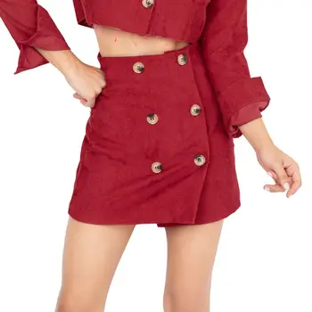 

WJ New 2019 Women High Waist Double Breasted Suede Leather Skirts Red/Yellow Cute Preppy Short Skirts