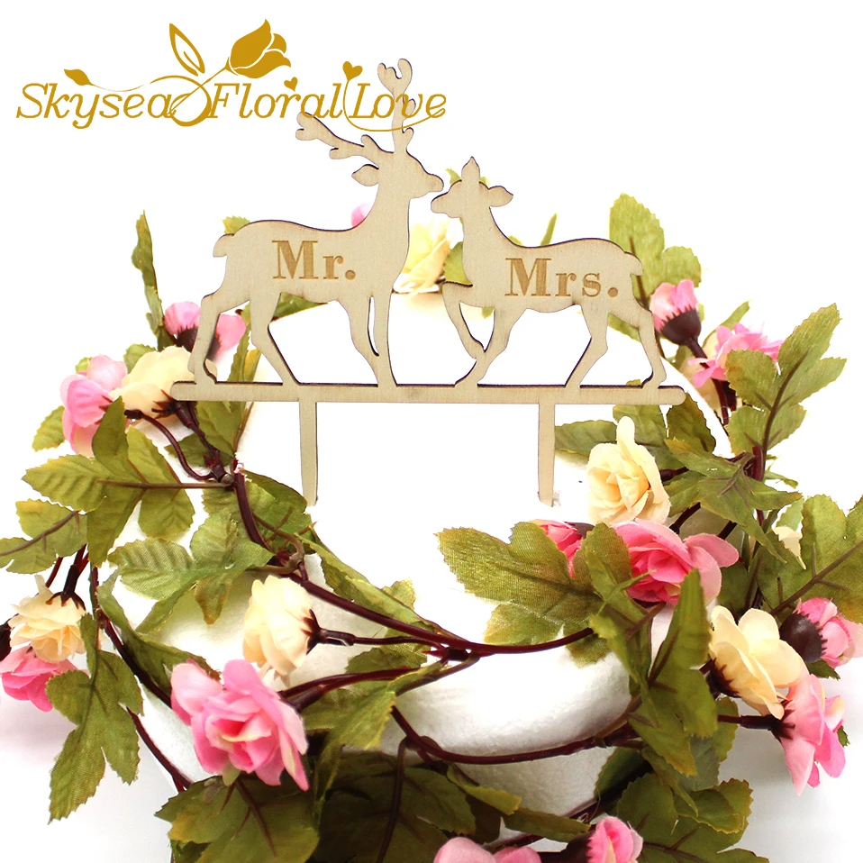

Wedding cake topper sticks wooden Mr&Mrs tree deer cake decoration insert card wedding party supplies
