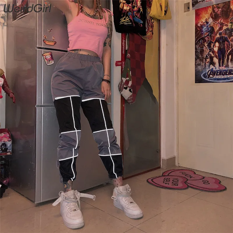Weirdgirl women reflective striped casual pants fashion streetwear patchwork high waist cargo pant lady long trousers summer new Weirdgirl women reflective striped casual pants fashion streetwear patchwork high waist cargo pant lady long trousers summer new
